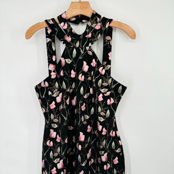 Bebe Floral Print Halter Black & Pink metallic floral Midi Dress size 12 womens - Picture 7 of 10